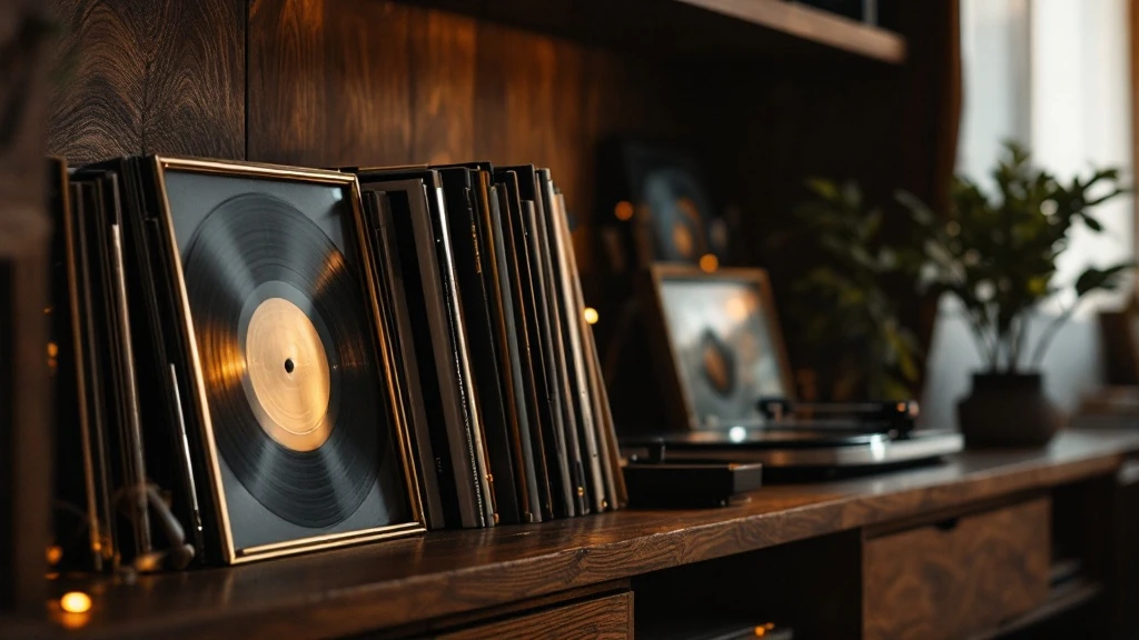 Виниловый проигрыватель Pro-Ject с вращающейся пластинкой на деревянной полке, мягкий тёплый свет, на заднем плане полочная акустика и стеллаж с пластинками. Alt: "Виниловая Hi-Fi система: проигрывате