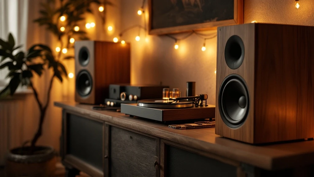 Hi-Fi колонки в уютной комнате прослушивания — напольная акустика на деревянном полу с мягким освещением; alt: «Hi-Fi акустика — напольные и полочные колонки для домашней системы»