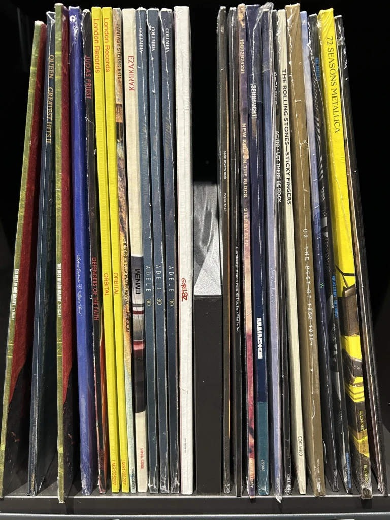 Виниловые пластинки стоят вертикально на полке - правильное хранение