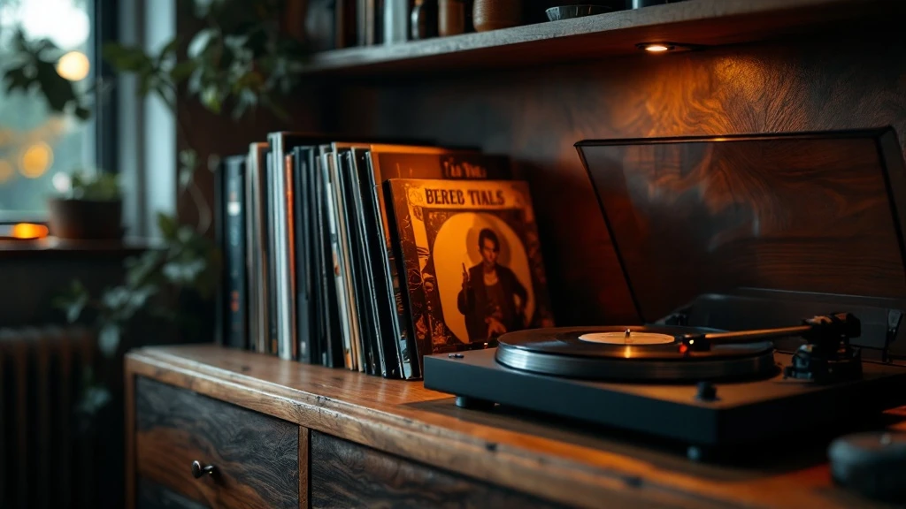 Разворот виниловых пластинок Beatles — Abbey Road, Revolver, Sgt. Pepper's — на деревянной полке рядом с проигрывателем. alt="Коллекция виниловых пластинок Beatles: Abbey Road, Revolver и Sgt. Pepper'
