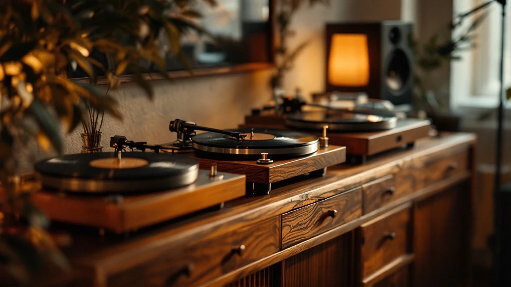 Два проигрывателя Pro-Ject Debut Carbon EVO и Audio-Technica AT-LP120X стоят рядом на деревянной полке в комнате прослушивания «Пространства в тишине», тёплый свет, пластинка на одном из них вращается