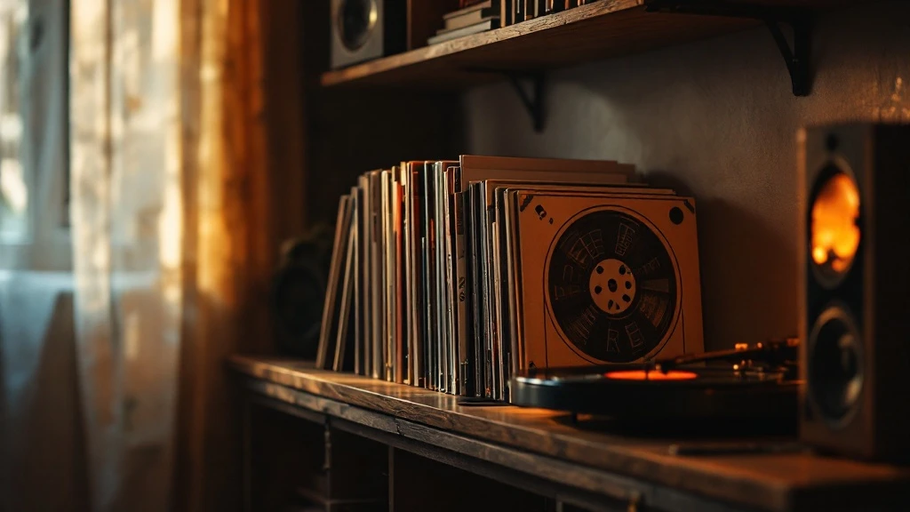 Коллекция виниловых пластинок Pearl Jam на деревянной полке — видны корешки Ten, Vs., Vitalogy, Dark Matter. Тёплый свет, проигрыватель на фоне. Alt: Коллекция виниловых пластинок Pearl Jam на полке м