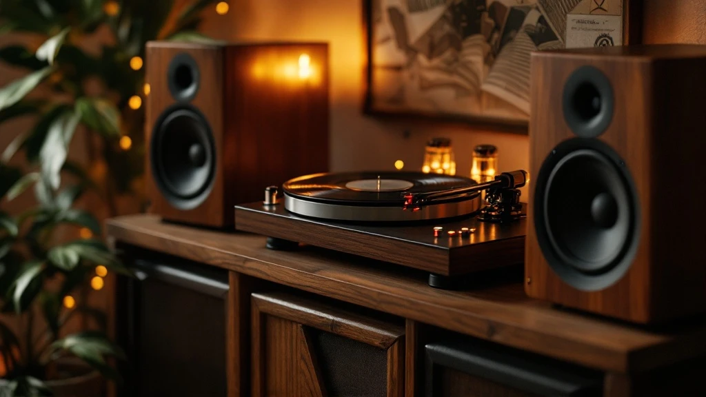 Ламповый усилитель Fezz Audio Silver Luna со светящимися лампами KT88 на полке в комнате прослушивания «Пространства в тишине», рядом виниловый проигрыватель и полочная акустика. Alt: Ламповый усилите