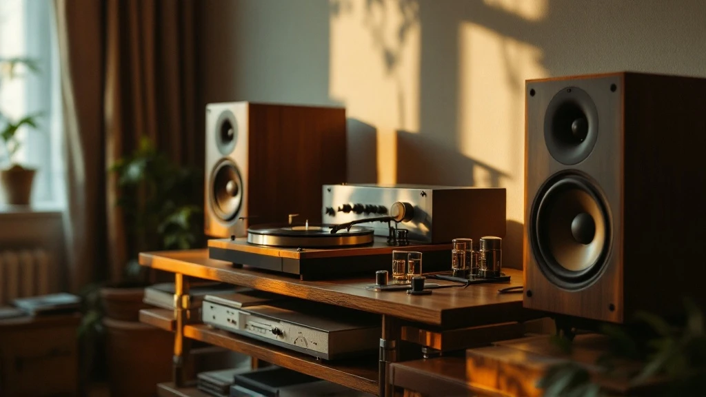 Ламповый усилитель Fezz Audio на деревянном столе в тёплом свете, рядом проигрыватель с пластинкой. Alt: ламповый усилитель hifi для винила
