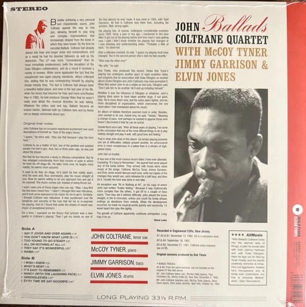 Виниловая пластинка JOHN COLTRANE QUARTET BALLADS CLEAR VINYL EDITION