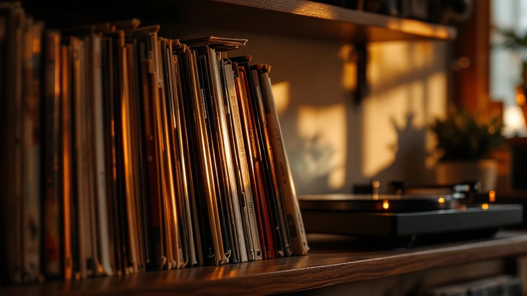 Мужчина в кресле слушает виниловую пластинку на Hi-Fi системе, тёплый вечерний свет, уютная комната с книжными полками. Alt: аудиофил слушает музыку на виниловом проигрывателе и Hi-Fi системе