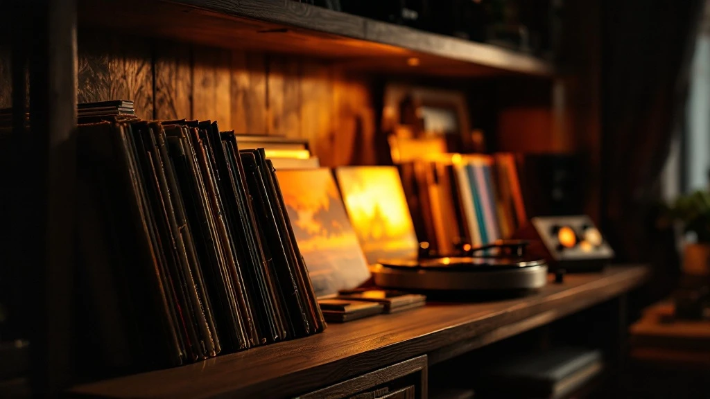 Hi-Fi система в уютной гостиной — полочные колонки на стойках, интегральный усилитель, виниловый проигрыватель на деревянной тумбе, тёплый вечерний свет. Alt: Hi-Fi система для квартиры — полочные кол