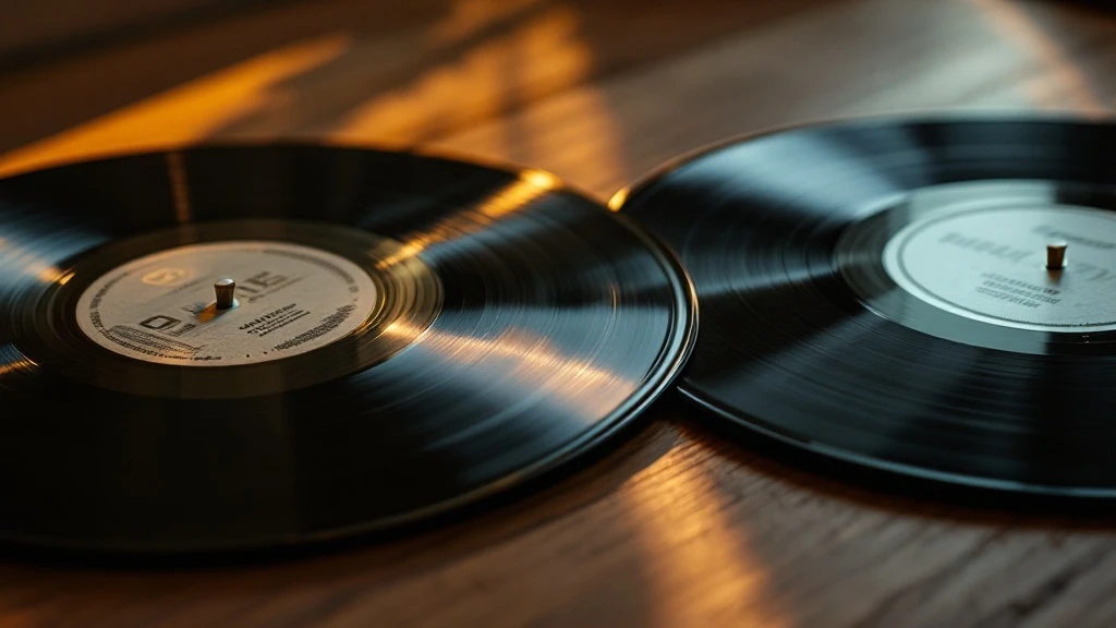 Крупный план dead wax зоны виниловой пластинки с видимой гравировкой matrix number, рядом — лупа и конверт с лейблом. Alt: «Dead wax зона виниловой пластинки с гравировкой matrix number — ключевой при