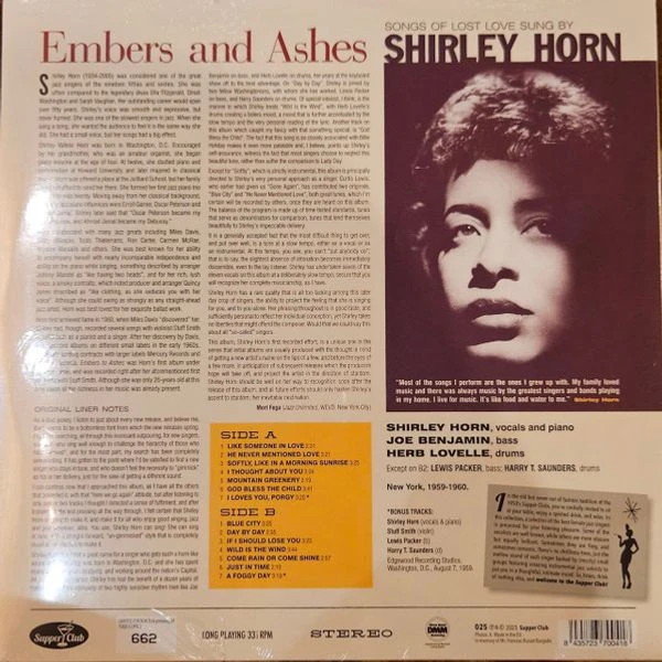 Виниловая пластинка SHIRLEY HORN EMBERS & ASHES: SONGS OF LOST LOVE SUNG BY SHIRLEY