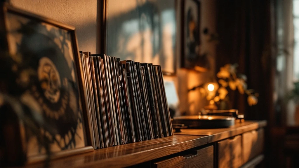 Пластинки Nirvana — Bleach, Nevermind, In Utero — на деревянной полке рядом с проигрывателем | alt: Коллекция виниловых пластинок Nirvana — три студийных альбома на полке рядом с Hi-Fi проигрывателем
