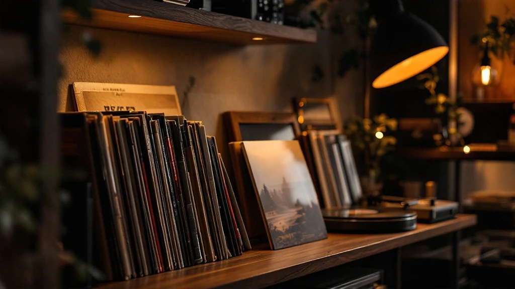 Пять виниловых проигрывателей (Audio-Technica AT-LP60X, AT-LPW30, AT-LP120X, Pro-Ject Debut III, Pro-Ject E1) на деревянной полке в комнате прослушивания ТИШИНЫ, тёплый свет, виниловые пластинки на фо